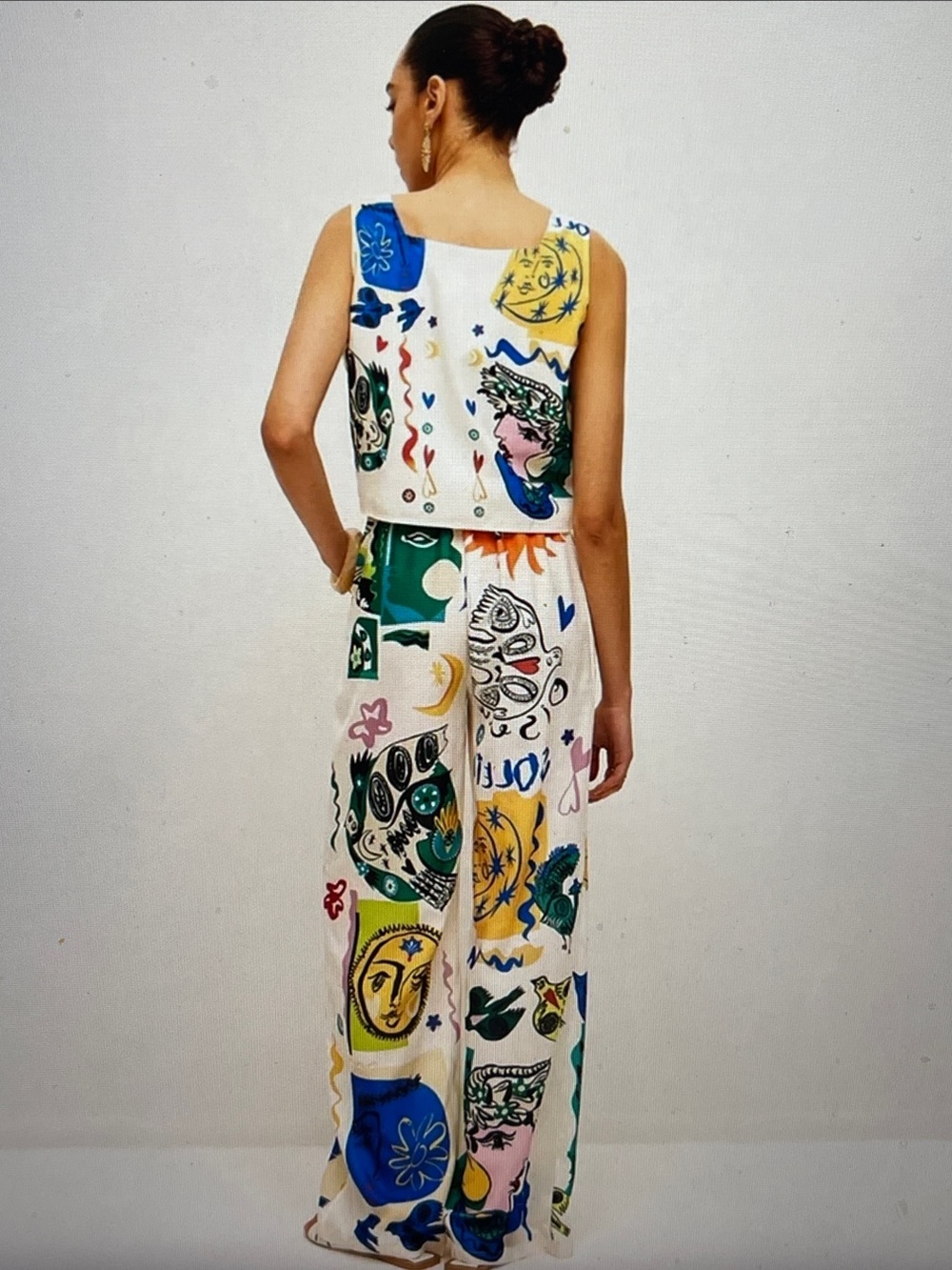 NWT Commense Two-Piece White Graphic Crop Top & Wide Leg Pants Set - Picture 3 of 16